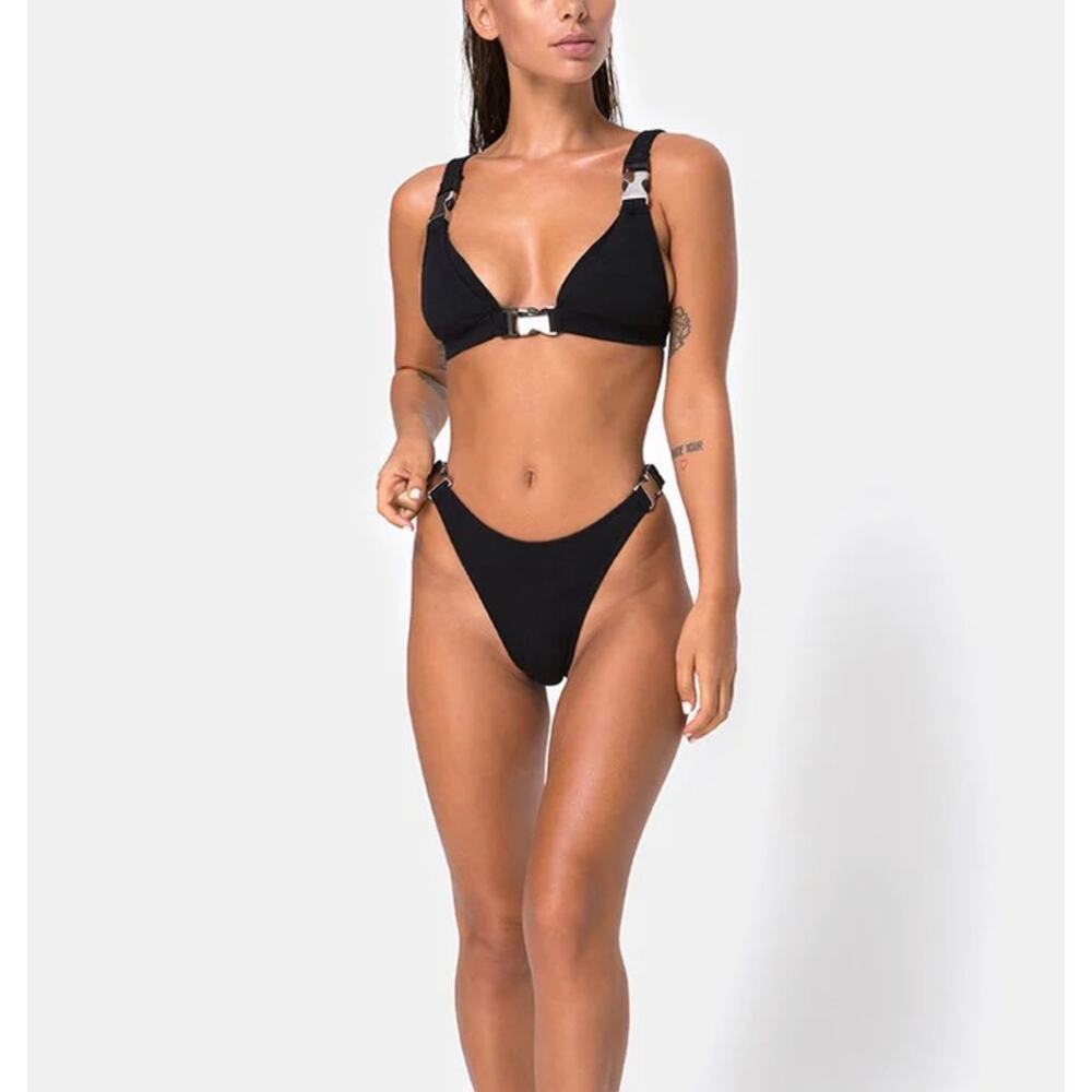 $82 NWT Motel Hyuna Bikini Top & bottom Black With Silver Buckle XS/S - Picture 4 of 7